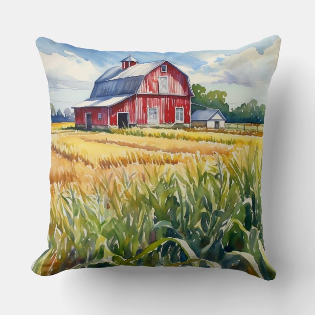 Coussin Aquarelle Peaked Prairie Grange et champ de maïs (Recto)