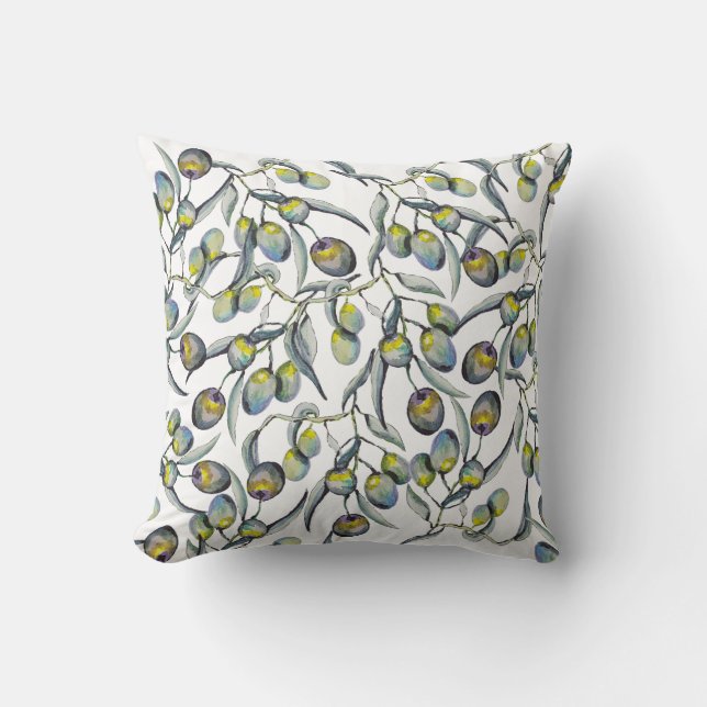 Coussin Aquarelle Peinte à la Main Olive Magique (Recto)