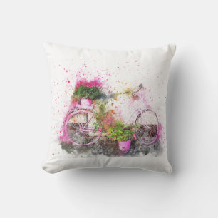 Coussin Aquarelle peinte vélo en rose