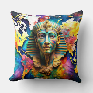 Coussin Aquarelle Peinture & Pharoah Carte du monde Jeter
