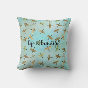 Coussin Aquarelle personnalisée aux libellules d'or Aqua