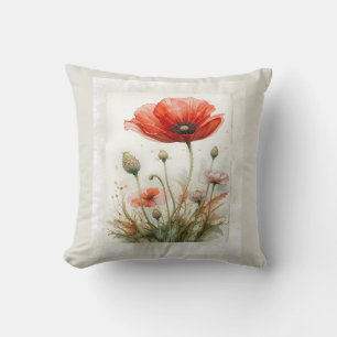 Coussin Aquarelle personnalisée Couleur rouge Poppy Vintag