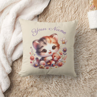 Coussin Aquarelle personnalisée Jouer Nom du chaton