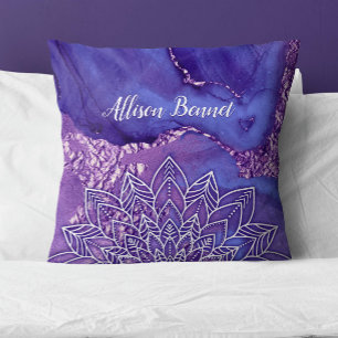 Coussin Aquarelle personnalisée violet blanc Mandala