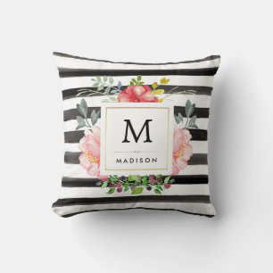 Coussin Aquarelle pivoines avec bandes noires et blanches
