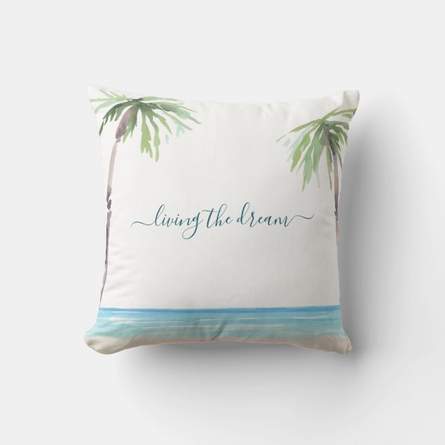 Coussin Aquarelle Plage Palm Vivre le rêve Monogramme (Recto)