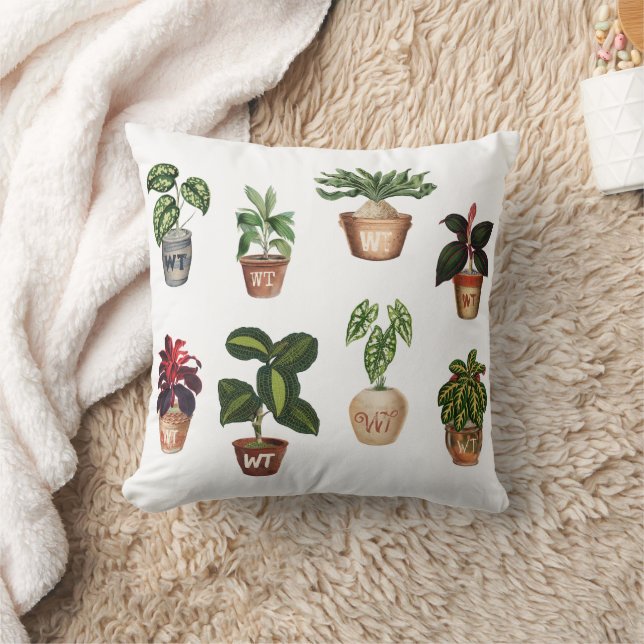 Coussin Aquarelle Pots Plante en terre cuite Monogramme (Couverture)