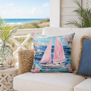 Coussin Aquarelle Preppy Pink Sailboat Côte Bleu
