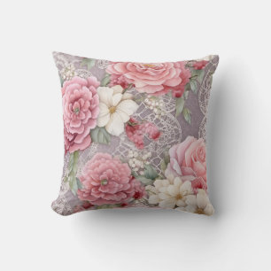 Coussin Aquarelle Pretty Pink Pastel Floral & Dentelle