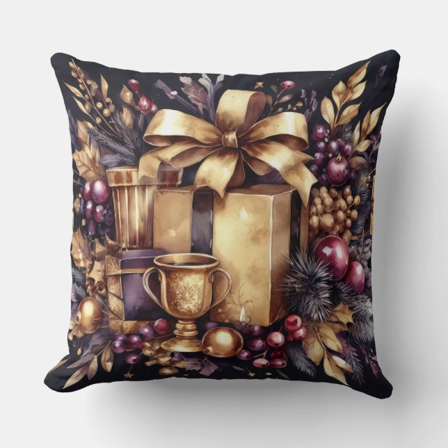 Coussin Aquarelle Purple et Gold Holiday Motif (Recto)