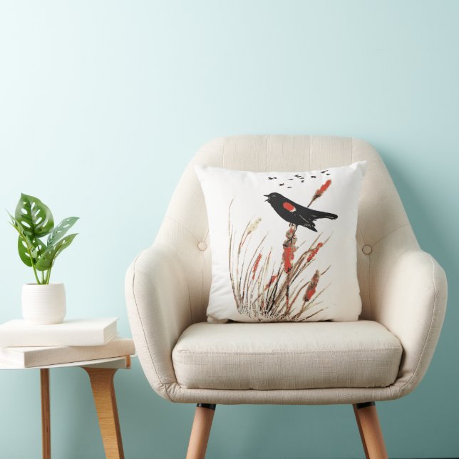 Coussin Aquarelle Red Wing Blackbird Oiseau Art de la natu (Chaise)