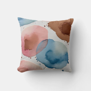 Coussin Aquarelle rose, bleu et bronze abstraite