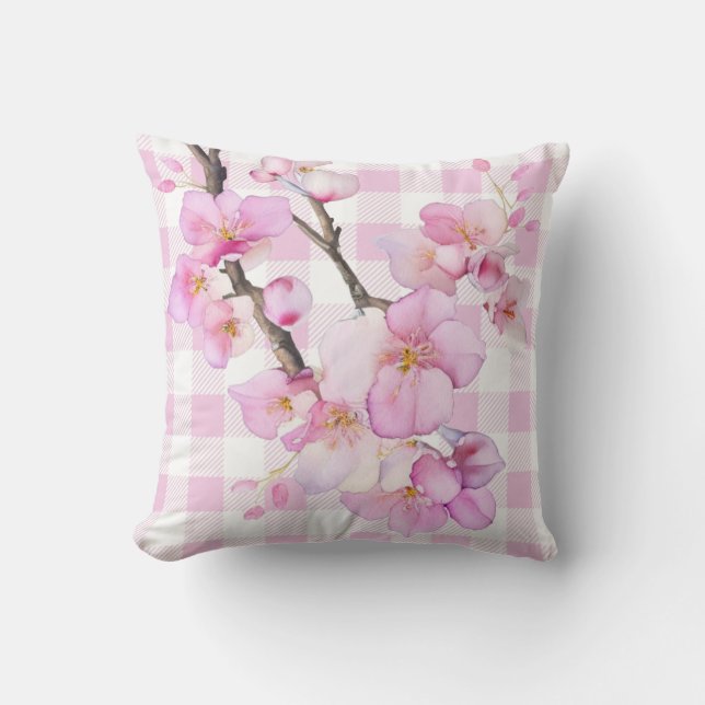 Coussin Aquarelle rose cerisier fleurs rose blanc plaid (Recto)
