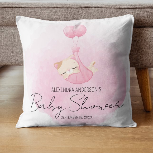 Coussin Aquarelle rose chat gardien de saké pour bébé fill (Créateur téléchargé)