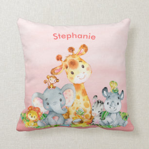Coussin Aquarelle rose Cute Safari Jungle Animaux