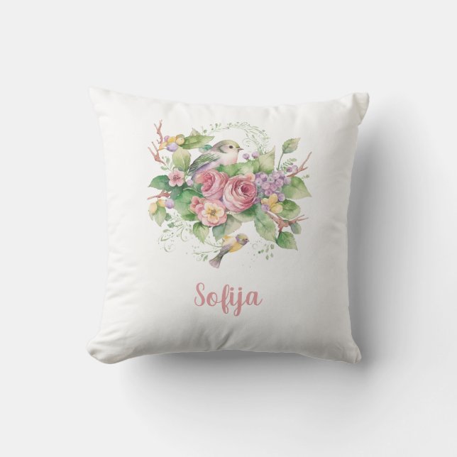 Coussin Aquarelle Rose de fleurs d'oiseaux (Recto)