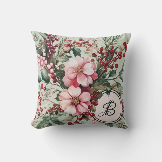 Coussin Aquarelle rose de Noël Monogramme floral (Recto)