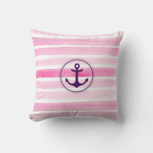 Coussin Aquarelle rose et blanc Ancre nautique