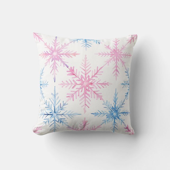 Coussin Aquarelle rose et bleu Snowflake Thlow (Recto)