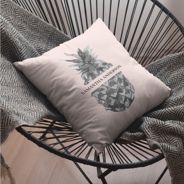 Coussin Aquarelle rose et gris ananas | Votre nom (Créateur téléchargé)