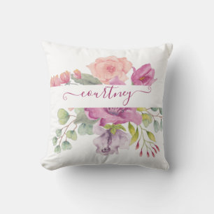 Coussin Aquarelle rose et pêche florale personnalisée