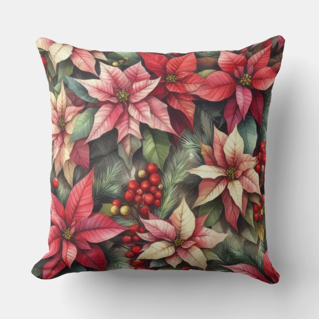 Coussin Aquarelle rose et rouge Poinsettia (Recto)
