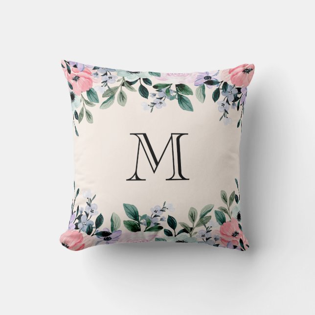 Coussin Aquarelle rose et violet Monogramme de bordure flo (Recto)