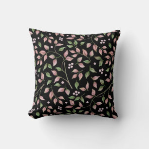 Coussin Aquarelle rose Feuille vert sur noir