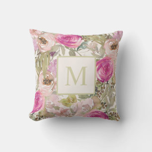 Coussin Aquarelle rose Floral Monogramme initial
