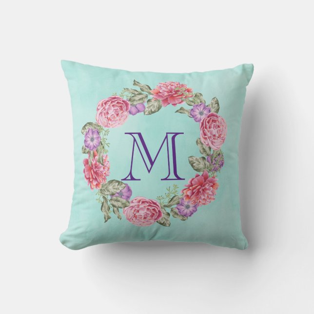 Coussin Aquarelle rose Floral Monogramme initial (Recto)