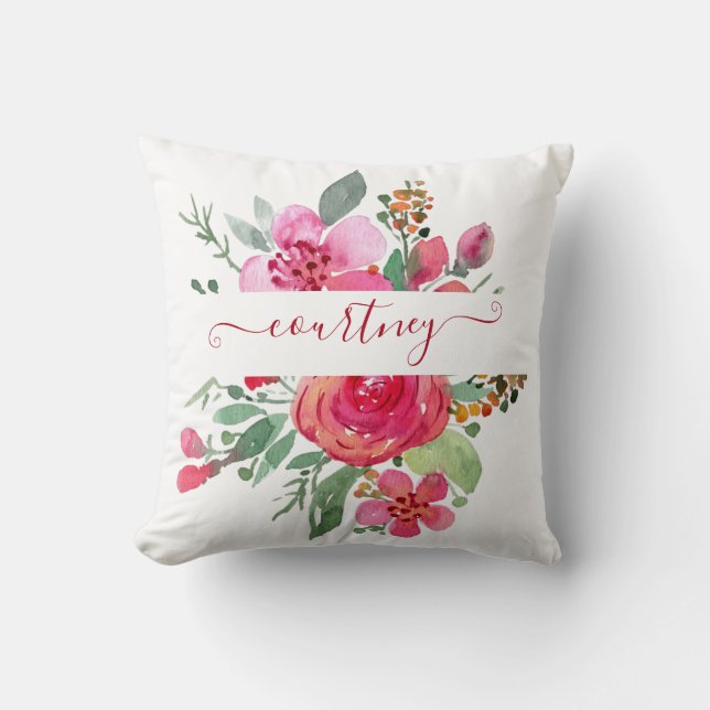 Coussin Aquarelle rose floral personnalisé (Recto)