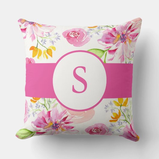 Coussin Aquarelle rose mignonne Fleurs et Monogramme (Recto)