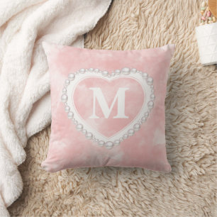 Coussin Aquarelle rose pâle Perle Coeur Monogramme