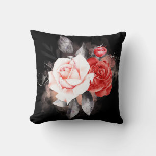 Coussin Aquarelle rose rouge blanc arrangement noir