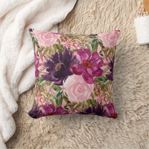 Coussin Aquarelle rose violet Floral Rose Botanique