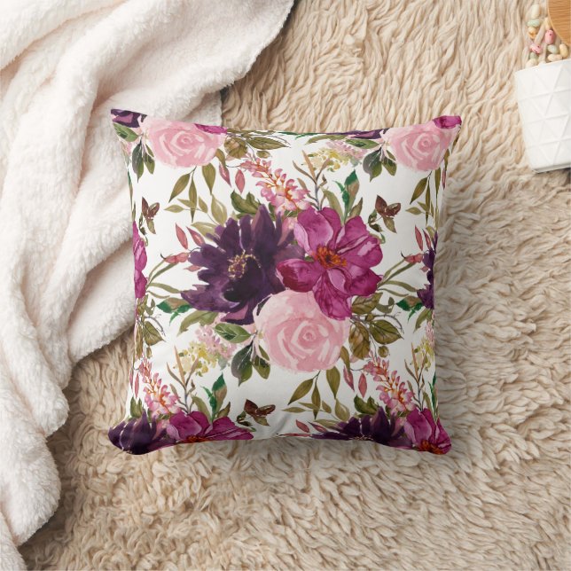 Coussin Aquarelle rose violet vert floral blanc (Couverture)