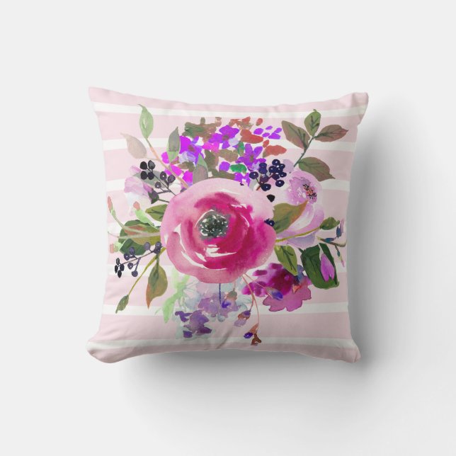 Coussin Aquarelle rose violet vert Floral rose rayures (Recto)