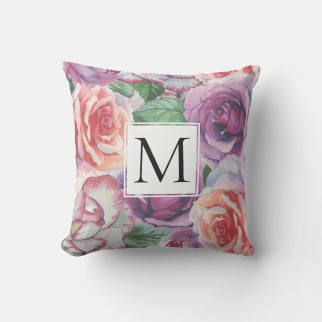 Coussin Aquarelle roses et monogramme floral (Recto)