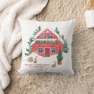 Coussin Aquarelle Rouge Cottage hiver Scène Noël