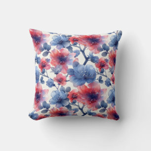 Coussin Aquarelle rouge, fleurs bleues sur le blanc