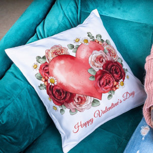 Coussin Aquarelle Rouge Floral Coeur l Chic Valentines