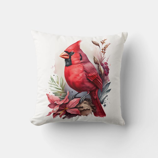 Coussin Aquarelle rouge Oiseau cardinal d'hiver (Recto)