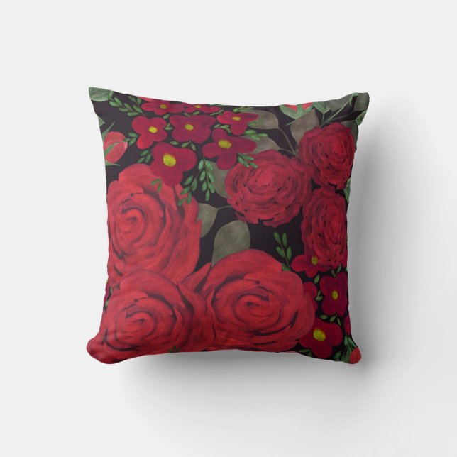 Coussin Aquarelle rouge roses sur le noir, (Recto)