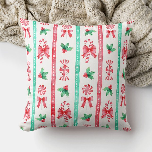 Coussin Aquarelle Rouge + Vert Sucre de canne (Watercolor Red + Green Stripes and Christmas Candy Throw Pillow)