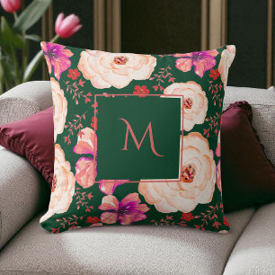 Coussin Aquarelle rouge verte Script floral