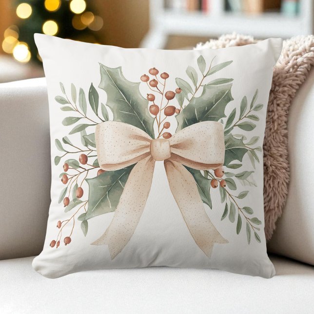 Coussin Aquarelle rustique Beige Bow Feuilles et baies (Rustic Watercolor Beige Bow Leaves and Berries Throw Pillow)