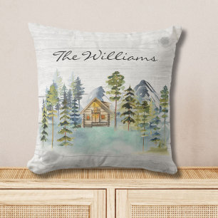 Coussin Aquarelle Rustique Foggy Forest Cabine de montagne