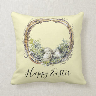 Coussin Aquarelle Rustique Grapevine & Nid d'Oeufs Pâques