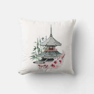 Coussin Aquarelle Sakura Blossom Bambou Temple japonais