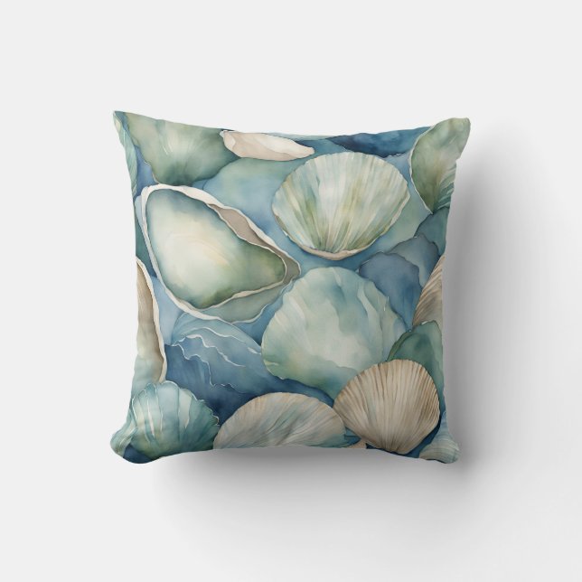 Coussin Aquarelle SeaShells Bleu Beige Côté (Recto)